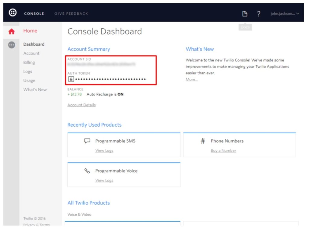 Twilio console Dashboard